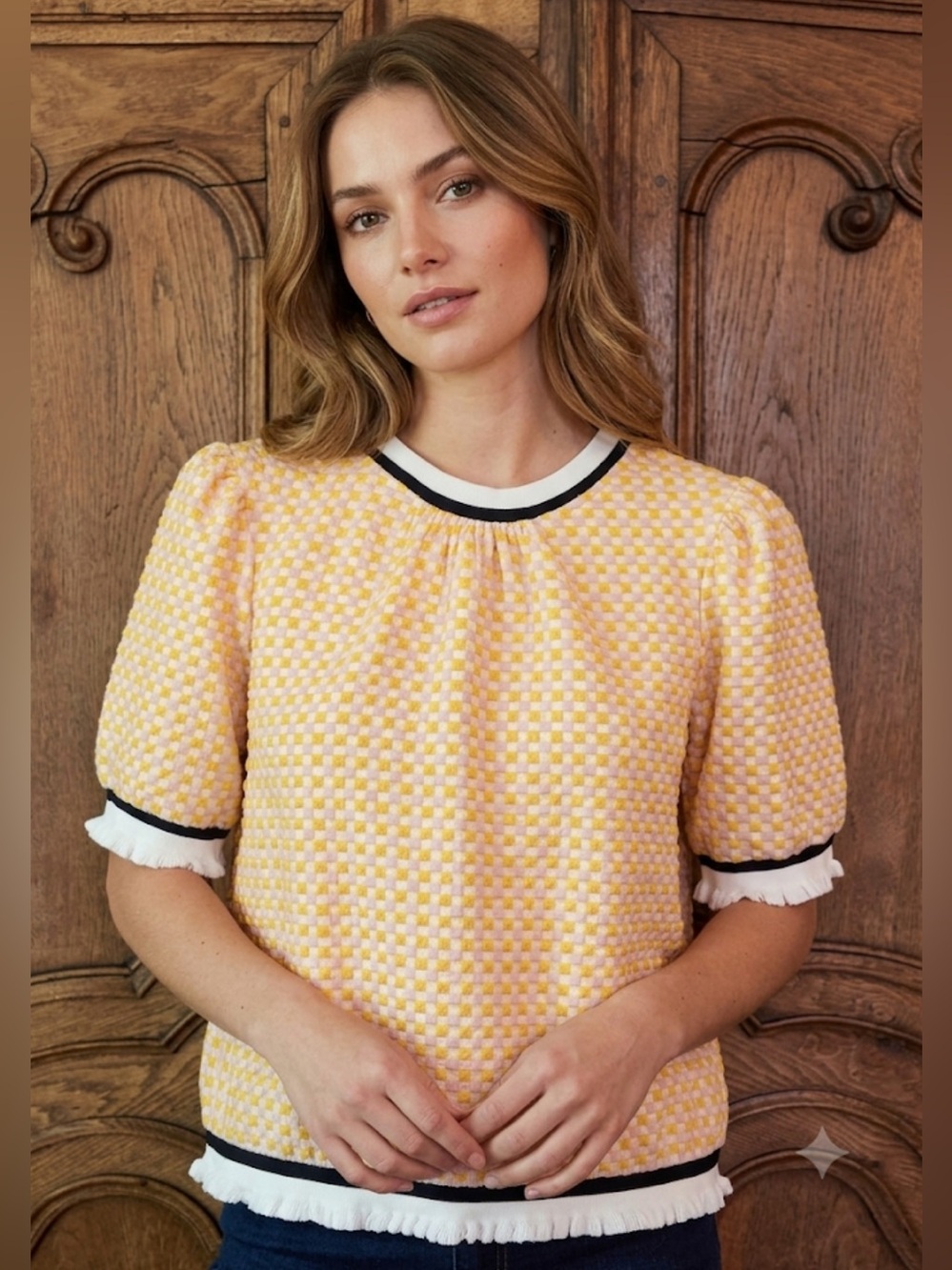 Voy Striped Band Detailed Gingham Knit Top